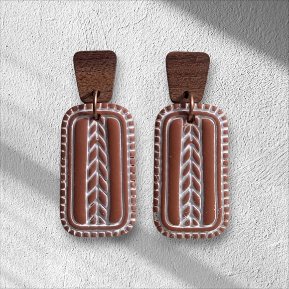 Boho Terracotta and Wood Earrings - Picture 2 of 2